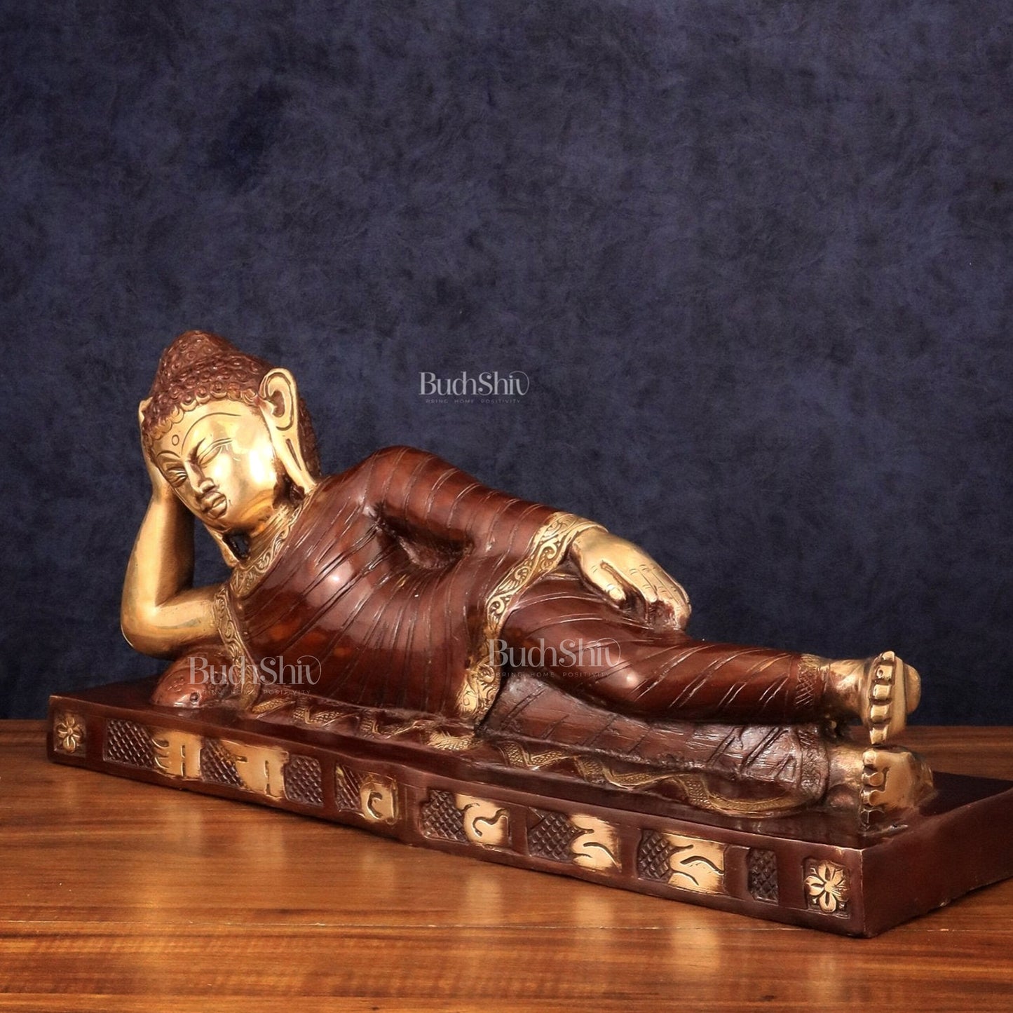 Brass Reclining sleeping Buddha Sculpture in Unique Dual Tone 20 inch