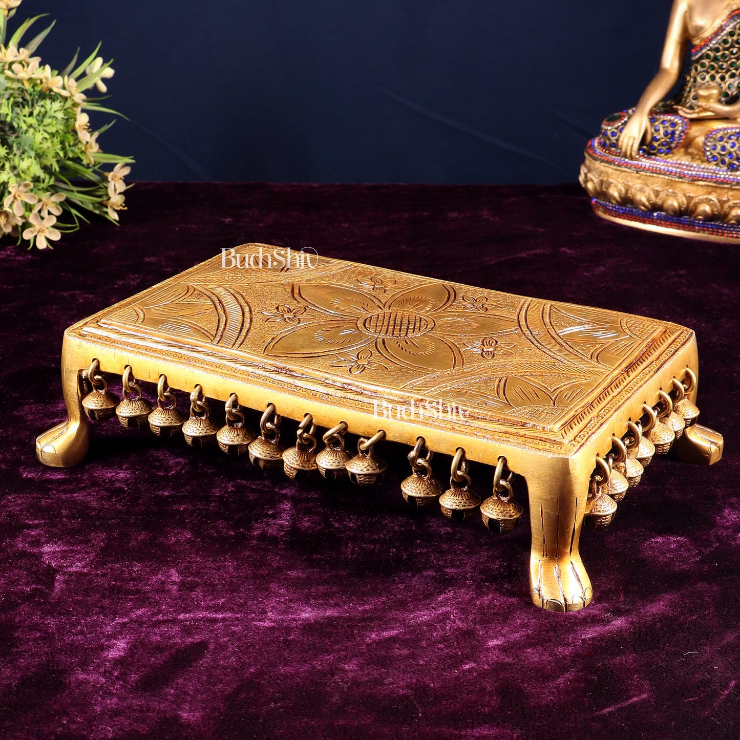 Pure Brass rectangular Chowki for God Idols 10.5 inch