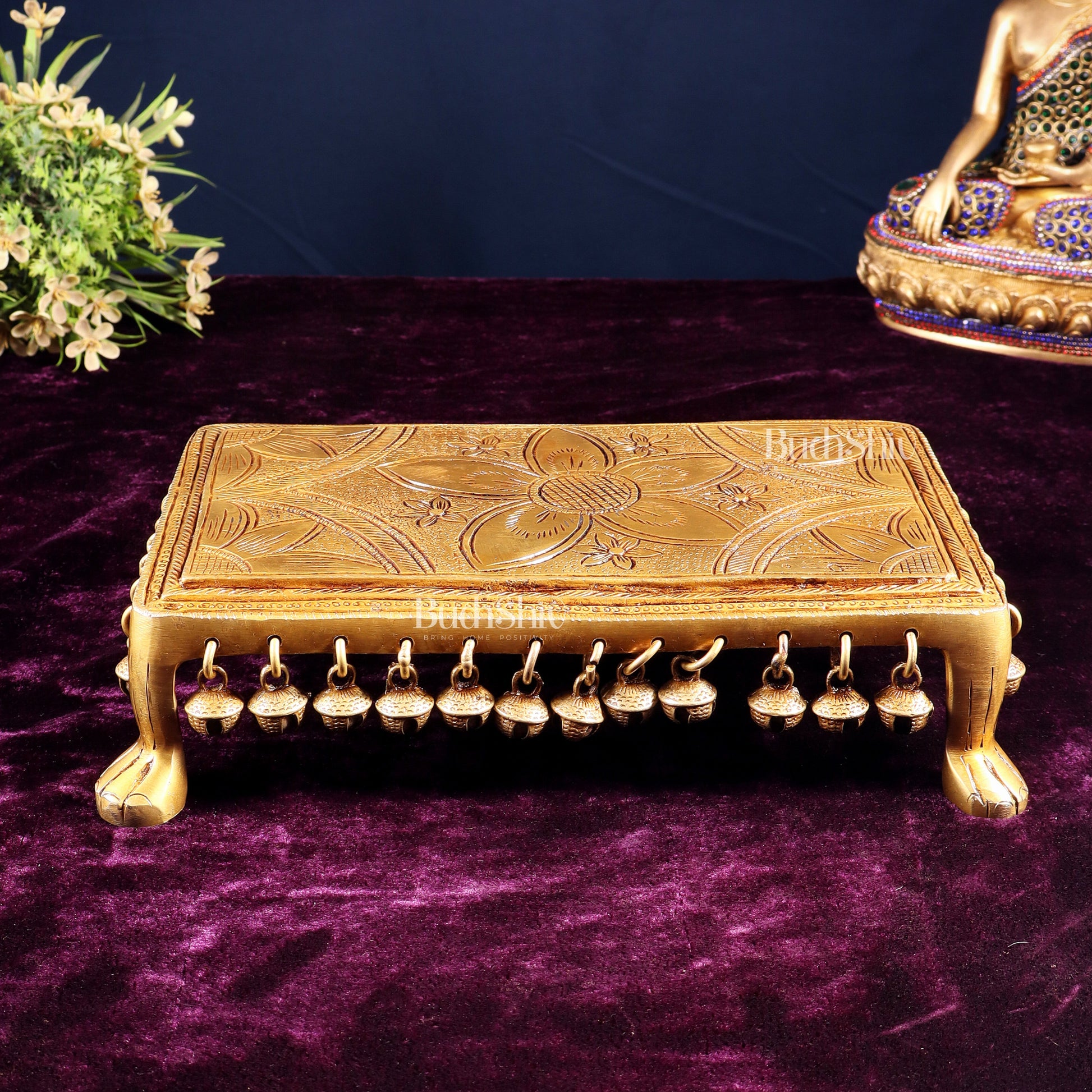 Pure Brass rectangular Chowki for God Idols 10.5 inch