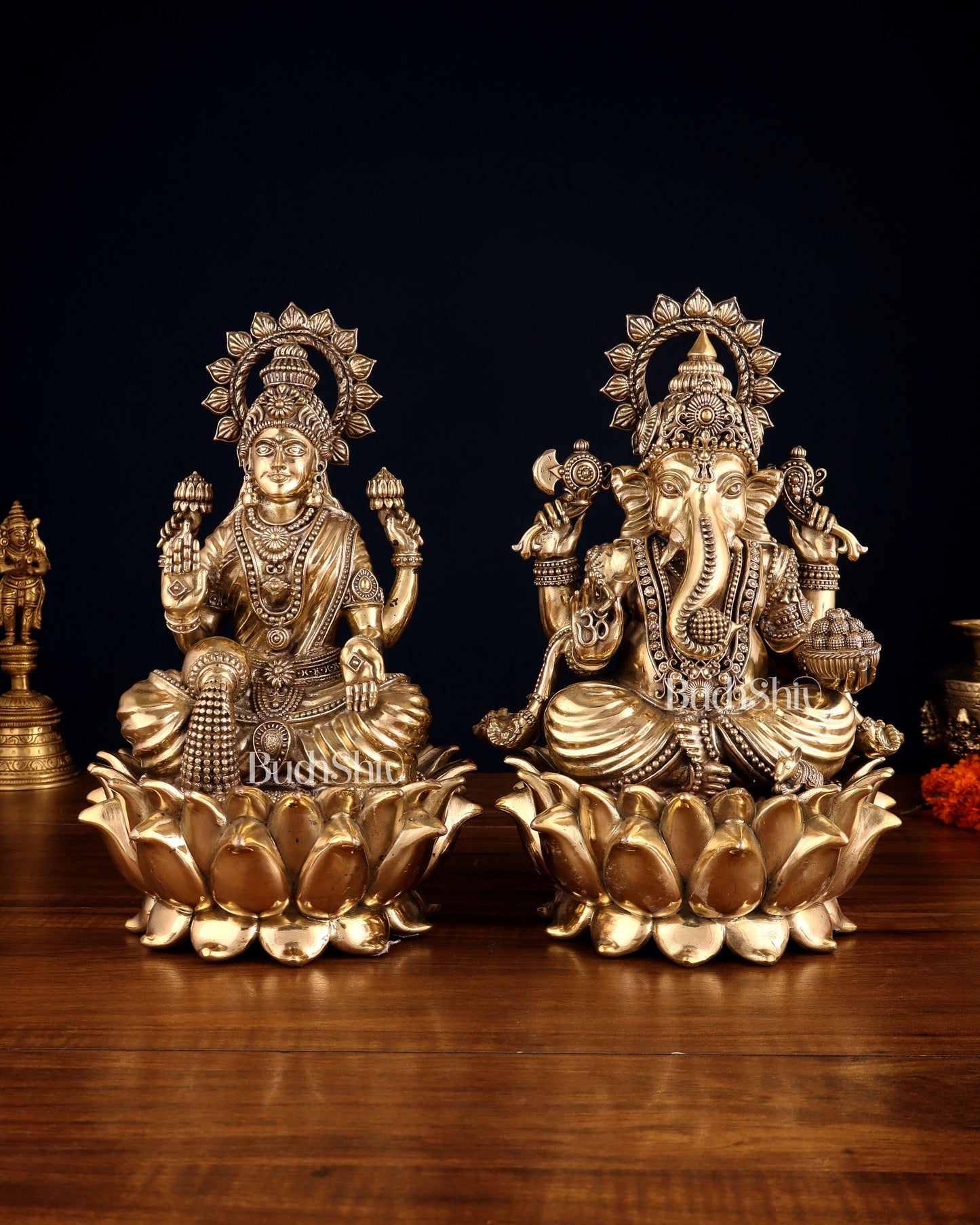 Pure Brass Ganesha & Lakshmi on Lotus – Padmasan Mudra Idol Pair 6 inch