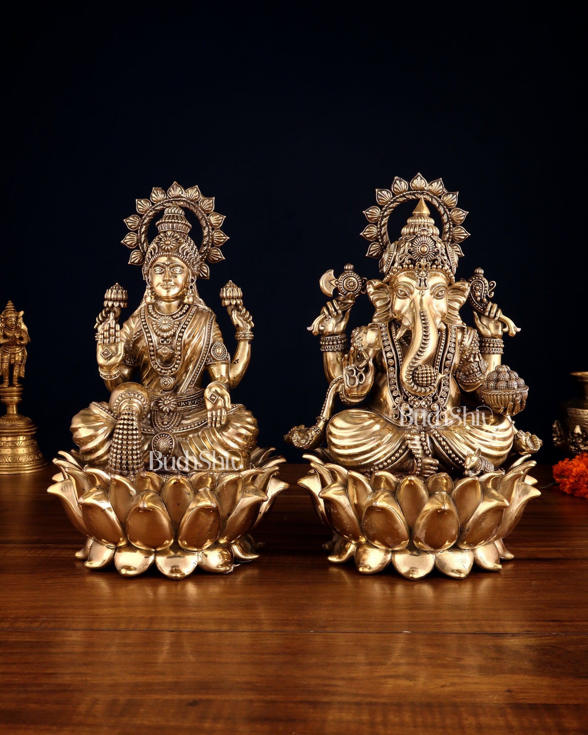 Pure Brass Ganesha & Lakshmi on Lotus – Padmasan Mudra Idol Pair 6 inch