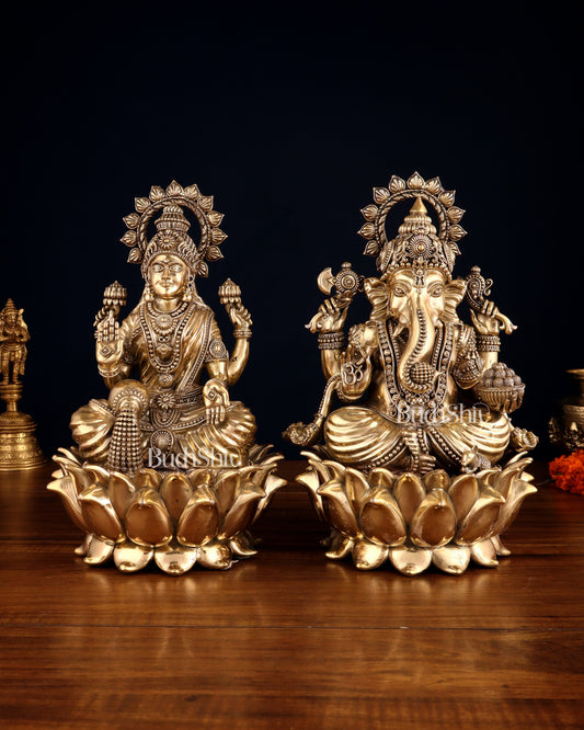 Pure Brass Ganesha & Lakshmi on Lotus – Padmasan Mudra Idol Pair 6 inch