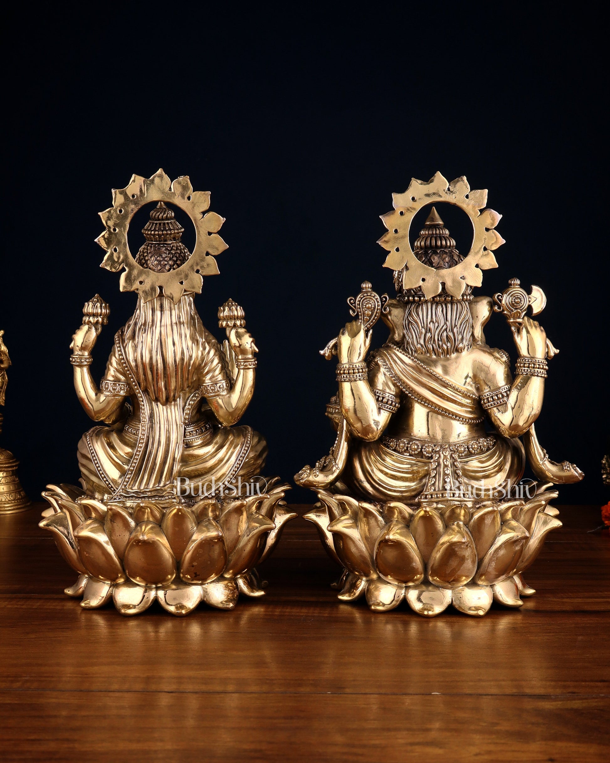 Pure Brass Ganesha & Lakshmi on Lotus – Padmasan Mudra Idol Pair 6 inch