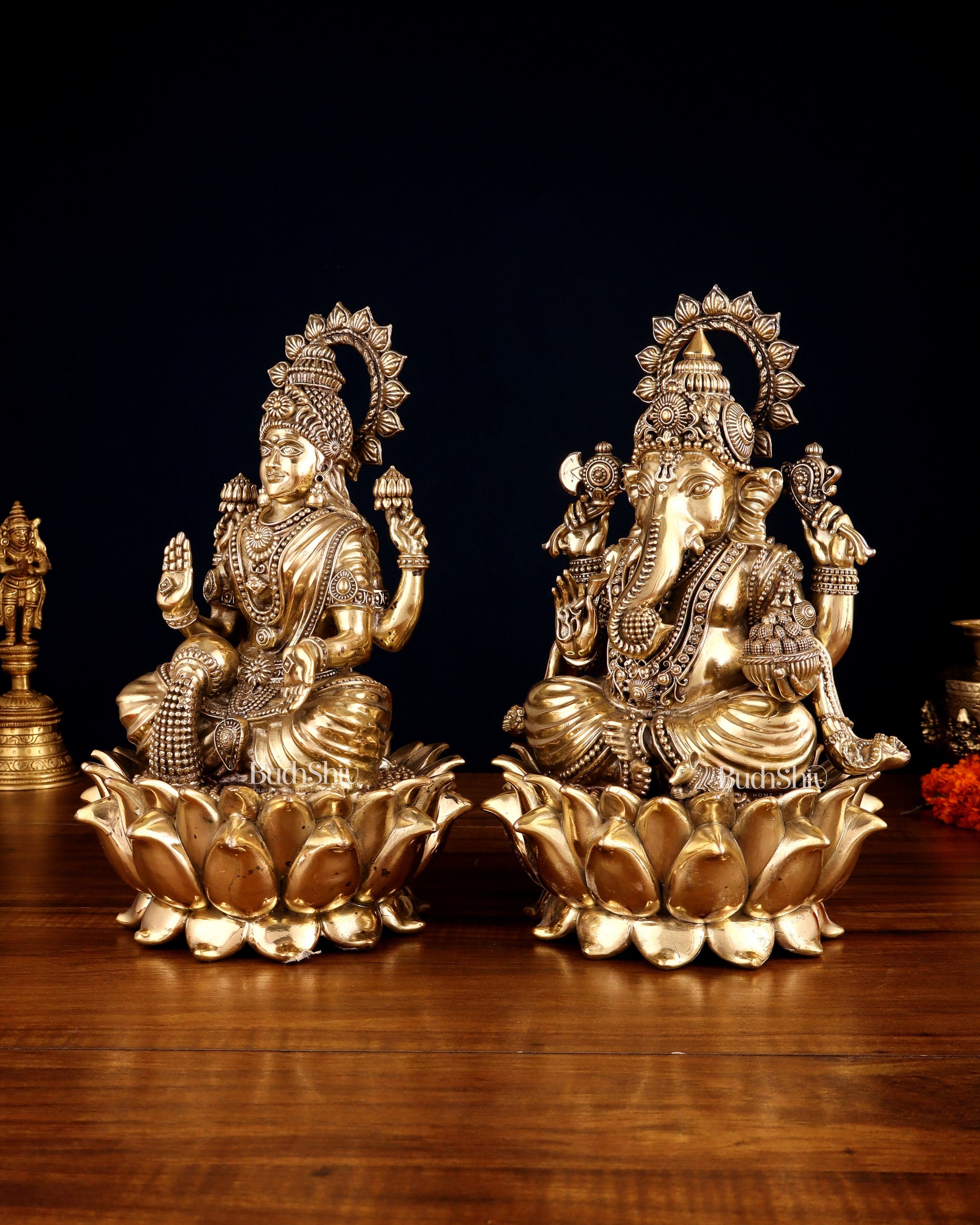 Pure Brass Ganesha & Lakshmi on Lotus – Padmasan Mudra Idol Pair 6 inch