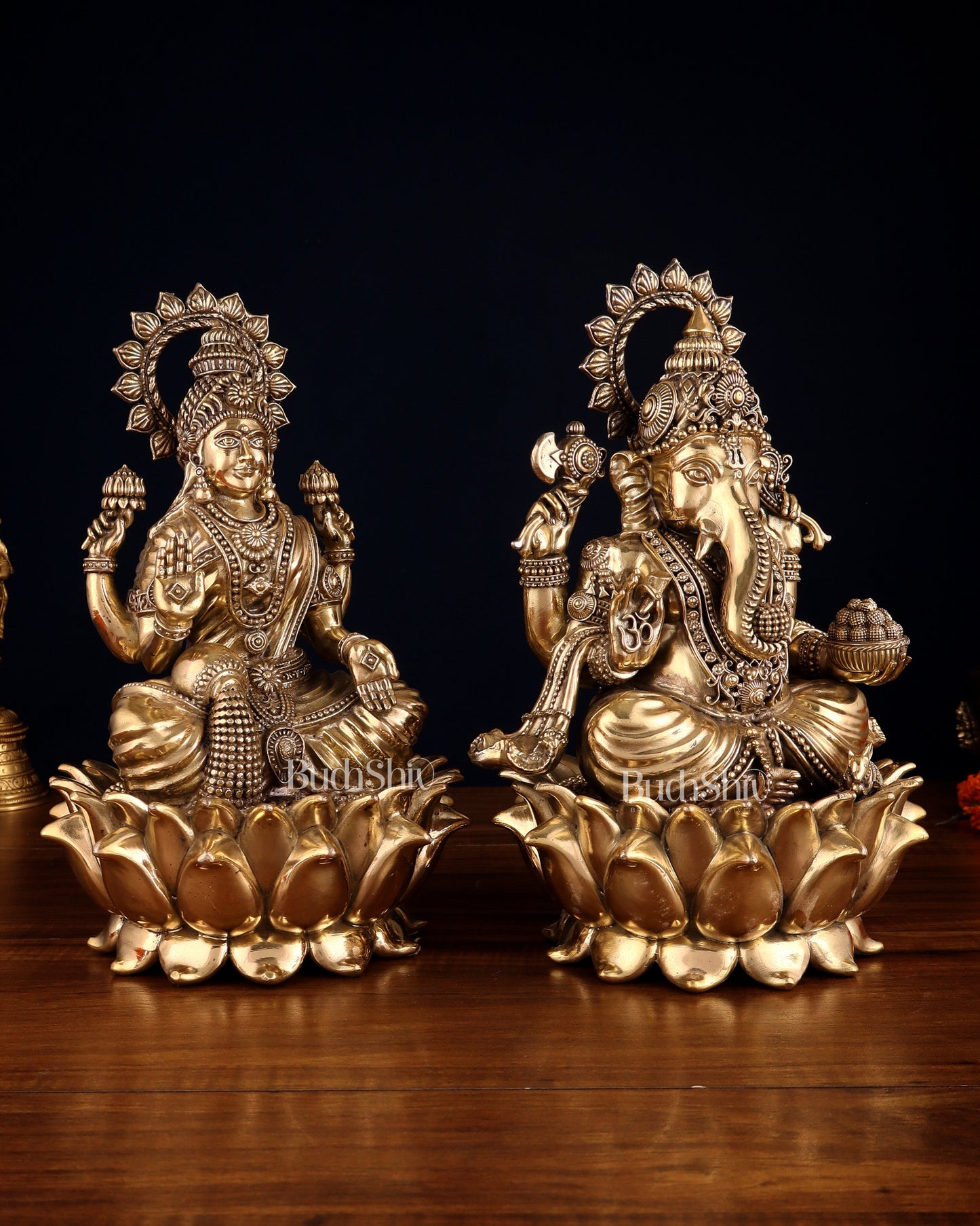 Pure Brass Ganesha & Lakshmi on Lotus – Padmasan Mudra Idol Pair 6 inch