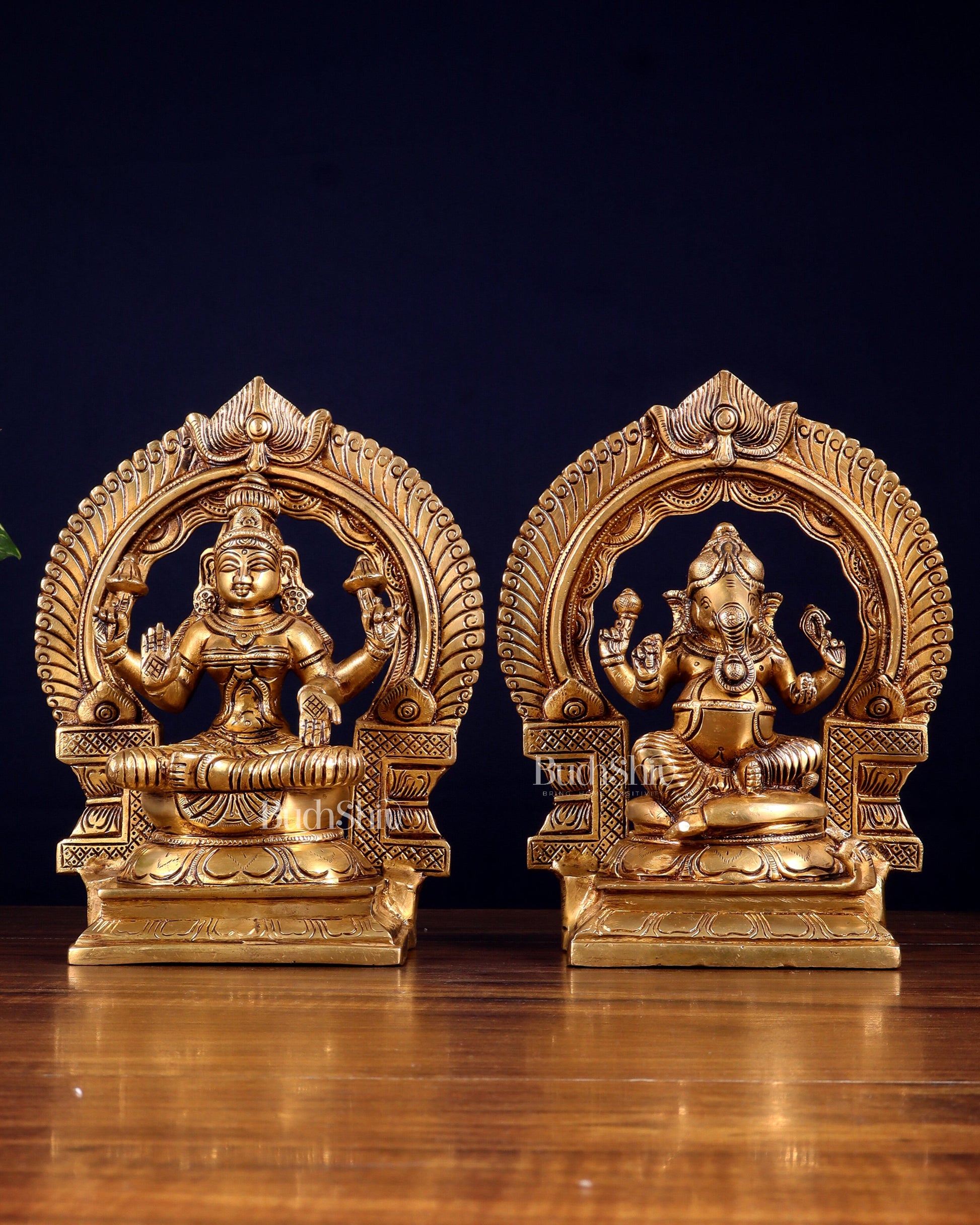 Brass Superfine valumburi Ganesh Lakshmi in padmasana with Prabhavali Idol Set 9"