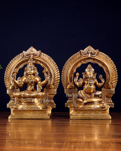 Brass Superfine valumburi Ganesh Lakshmi in padmasana with Prabhavali Idol Set 9"