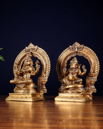 Brass Superfine valumburi Ganesh Lakshmi in padmasana with Prabhavali Idol Set 9"