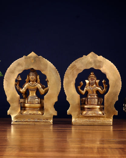 Brass Superfine valumburi Ganesh Lakshmi in padmasana with Prabhavali Idol Set 9"