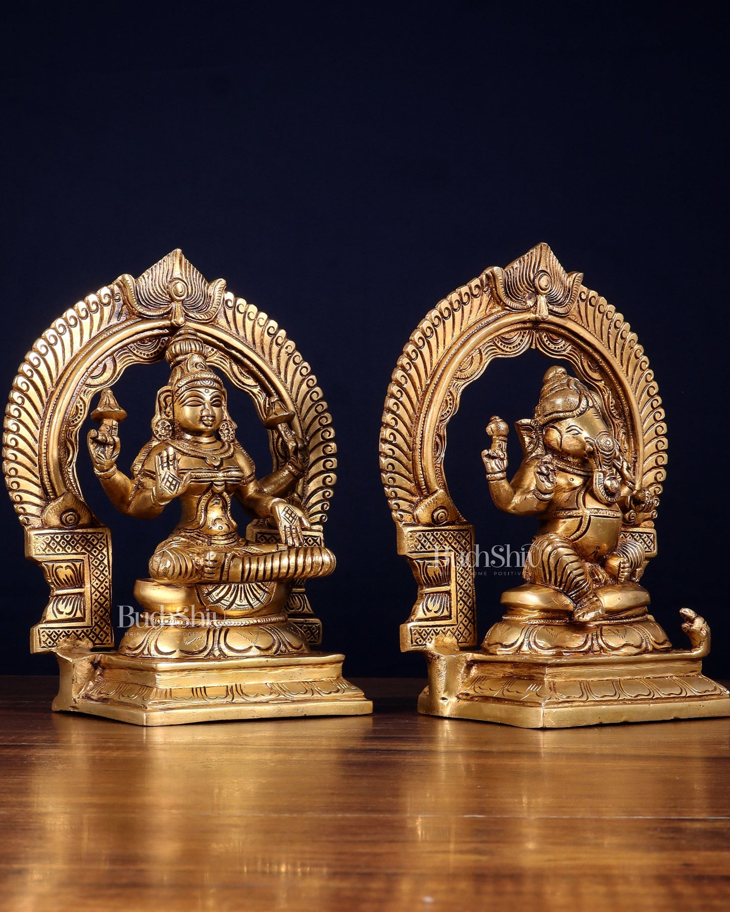 Brass Superfine valumburi Ganesh Lakshmi in padmasana with Prabhavali Idol Set 9"