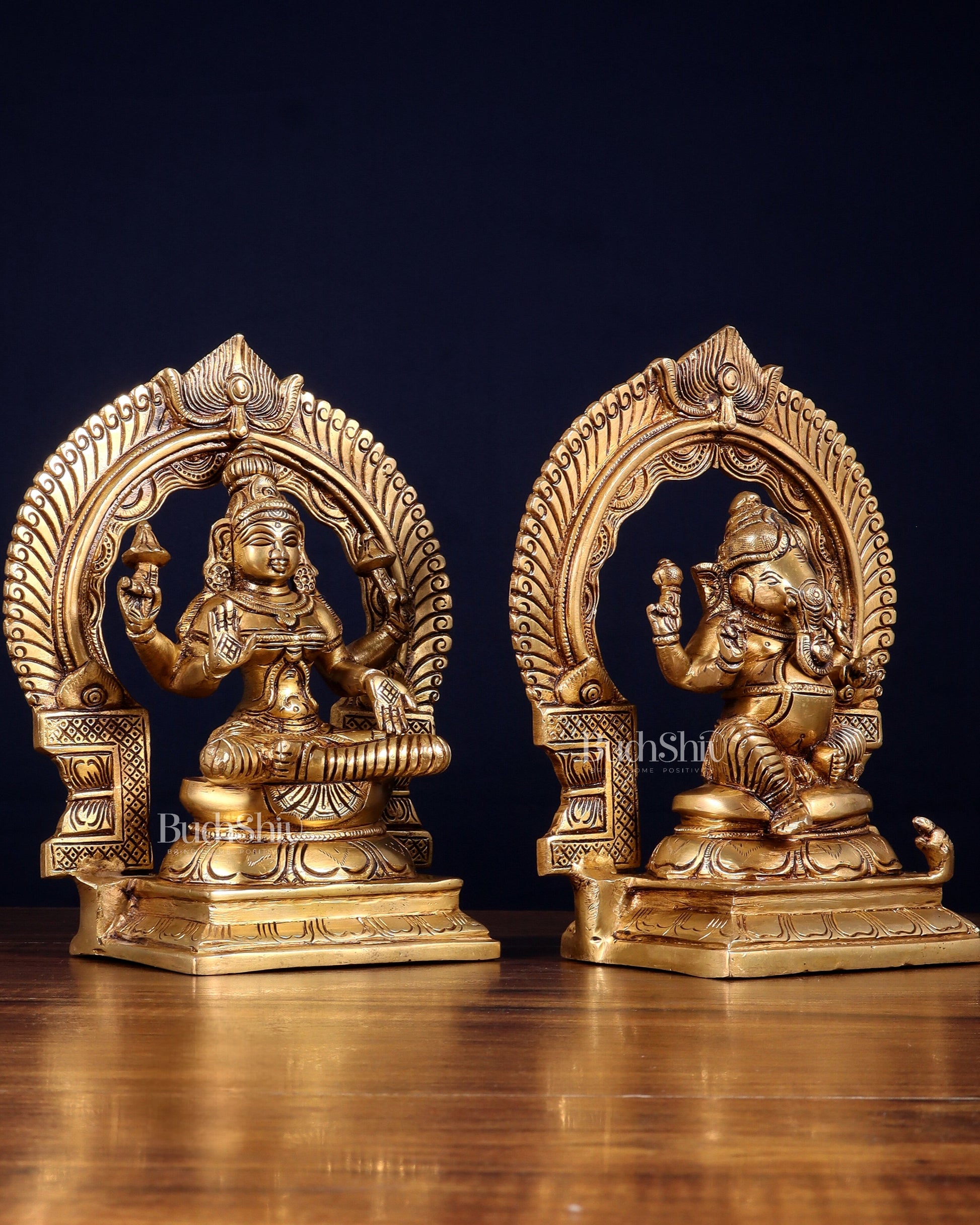 Brass Superfine valumburi Ganesh Lakshmi in padmasana with Prabhavali Idol Set 9"