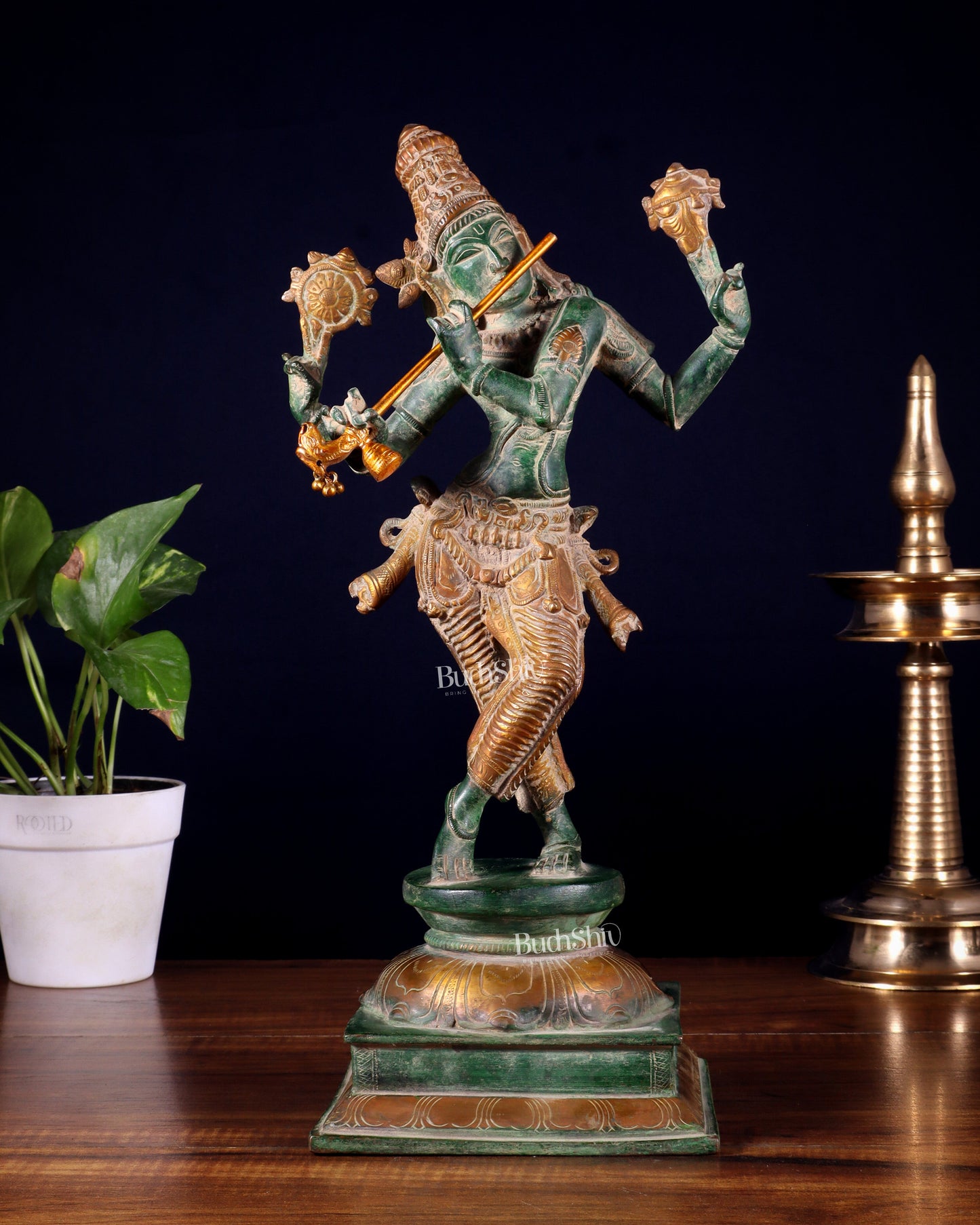 Vintage Brass Vishnu as Lord Krishna Statue - Green Sand Finish 14.5"
