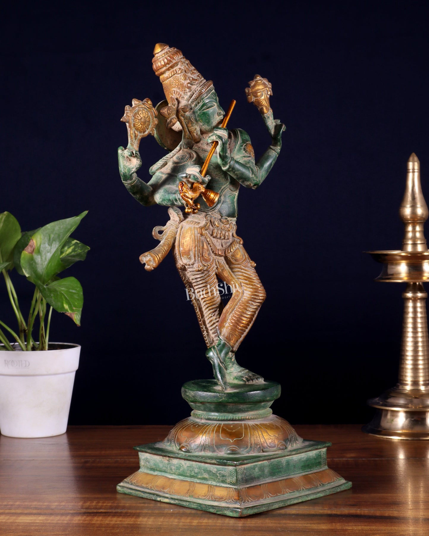 Vintage Brass Vishnu as Lord Krishna Statue - Green Sand Finish 14.5"