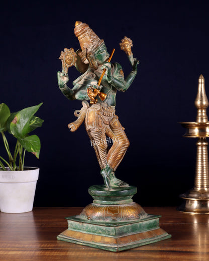 Vintage Brass Vishnu as Lord Krishna Statue - Green Sand Finish 14.5"
