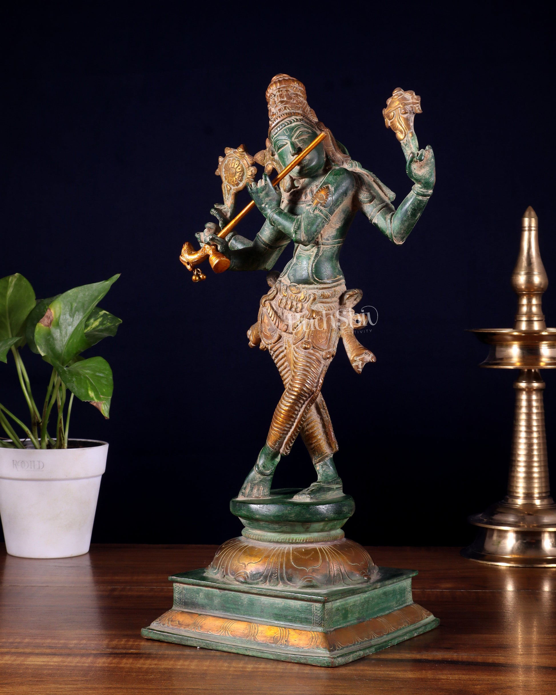 Vintage Brass Vishnu as Lord Krishna Statue - Green Sand Finish 14.5"