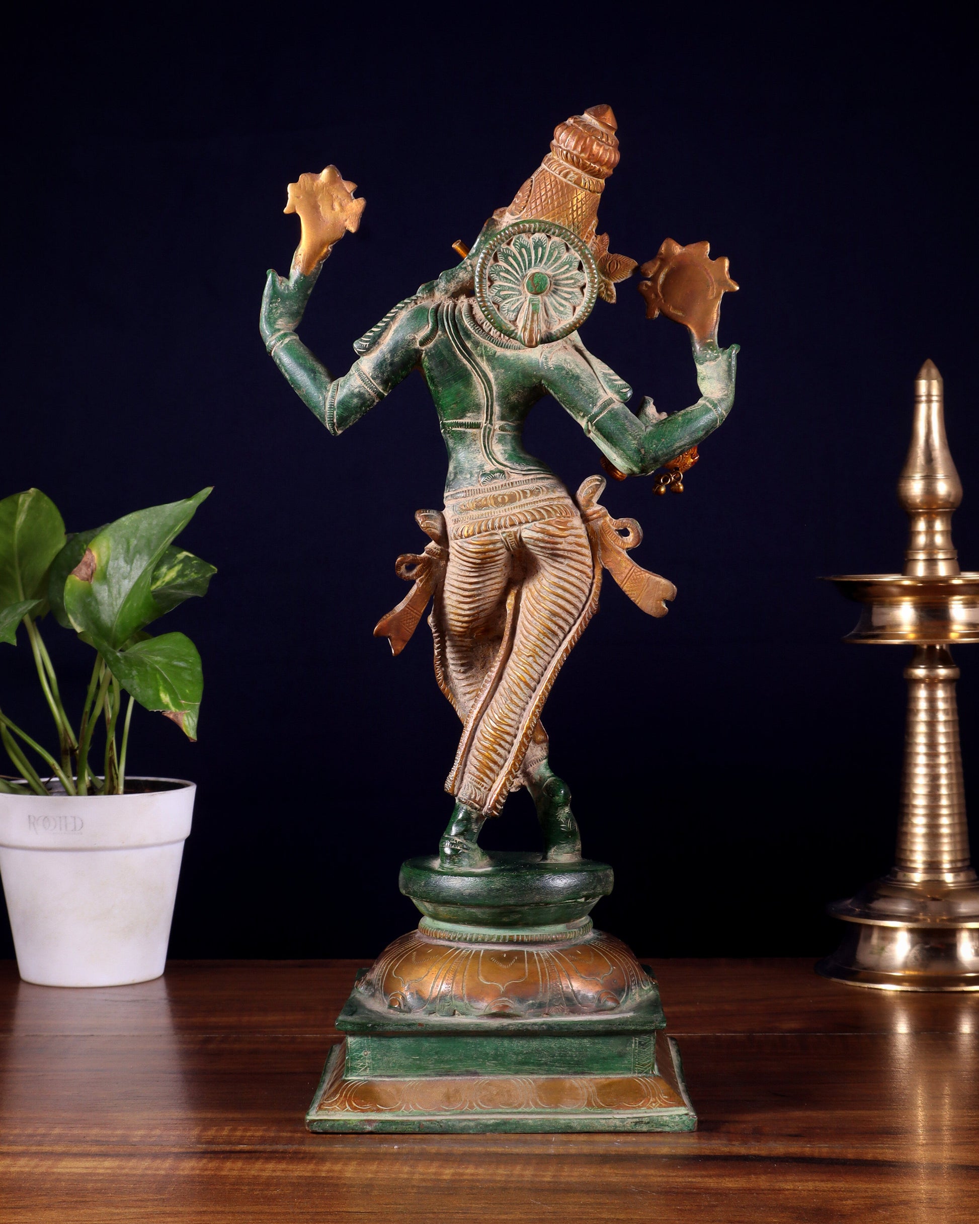 Vintage Brass Vishnu as Lord Krishna Statue - Green Sand Finish 14.5"
