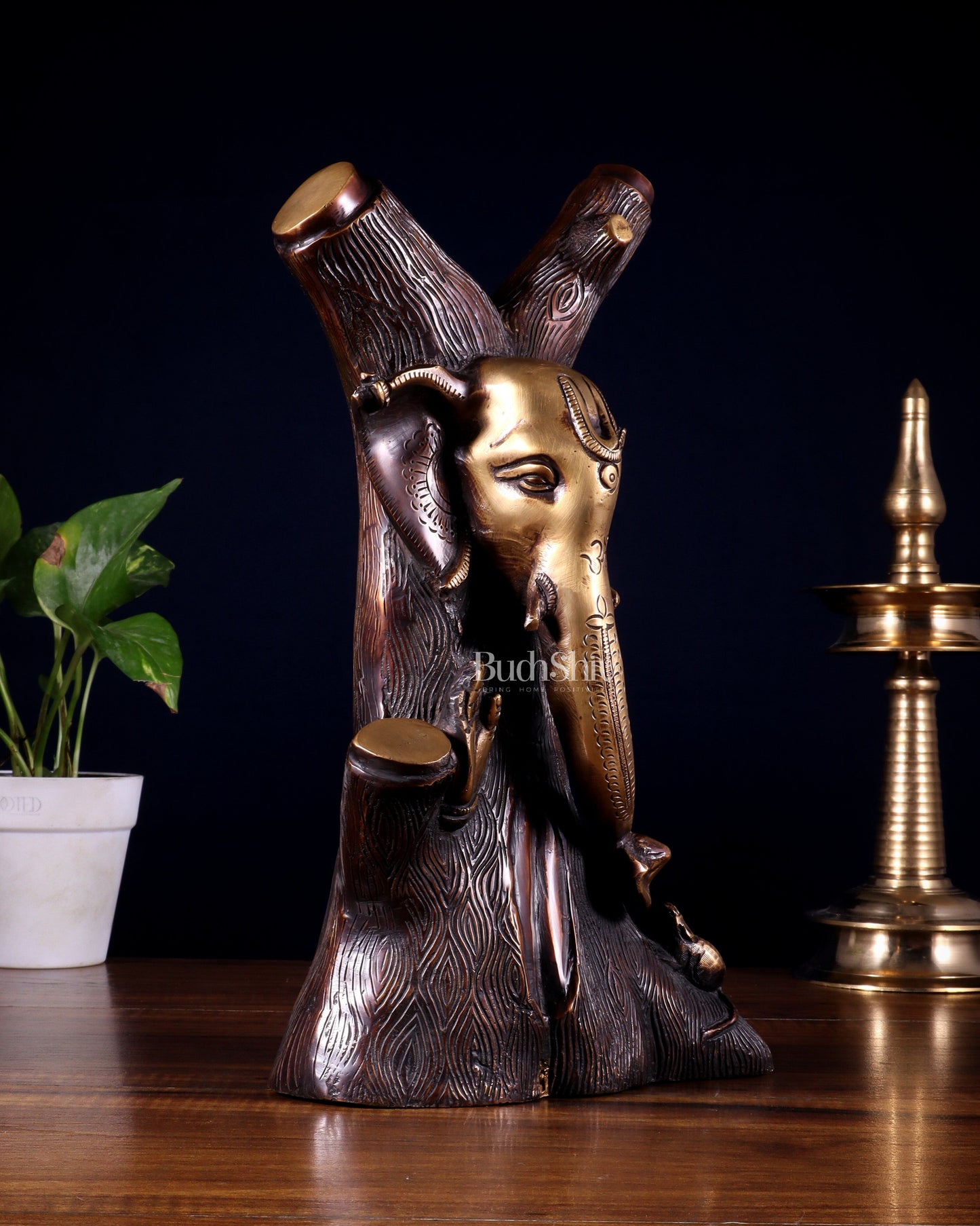Unique Brass Ganesha Statue Carved in Tree – 12" Height