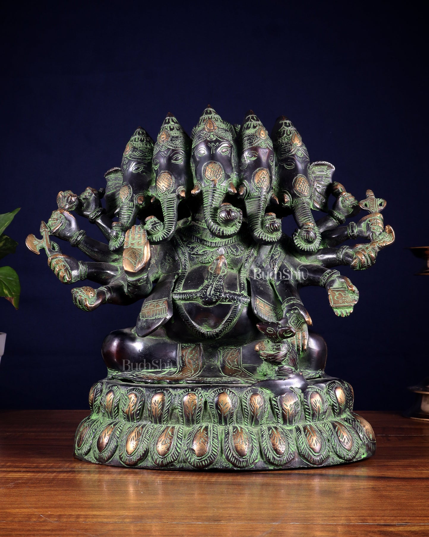 Pure Brass Large Panchmukhi Ganesha Statue - Black Green tone , 13"