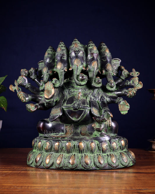 Pure Brass Large Panchmukhi Ganesha Statue - Black Green tone , 13"