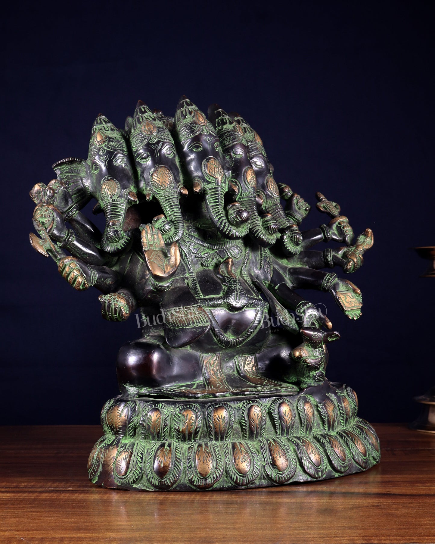 Pure Brass Large Panchmukhi Ganesha Statue - Black Green tone , 13"