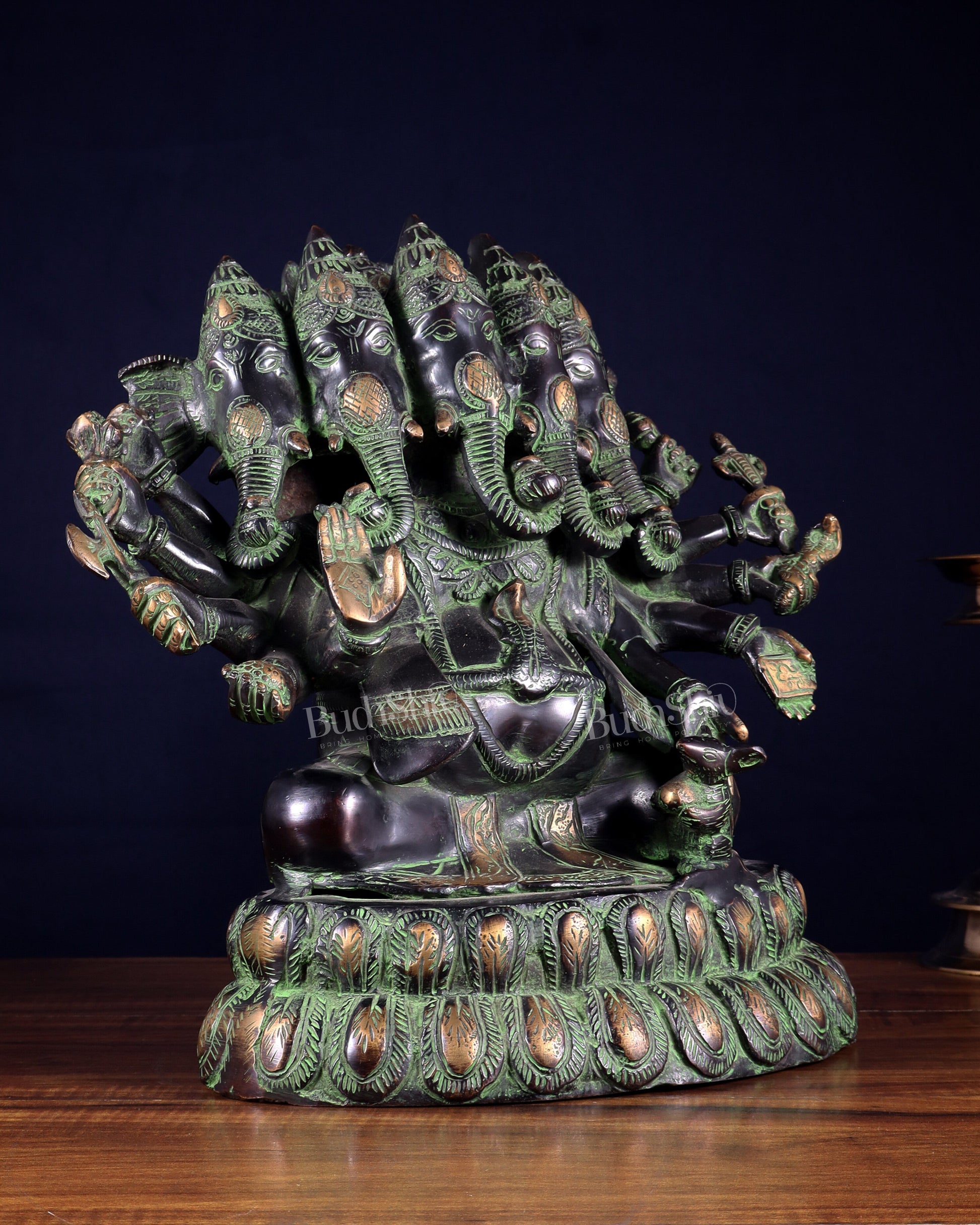 Pure Brass Large Panchmukhi Ganesha Statue - Black Green tone , 13"