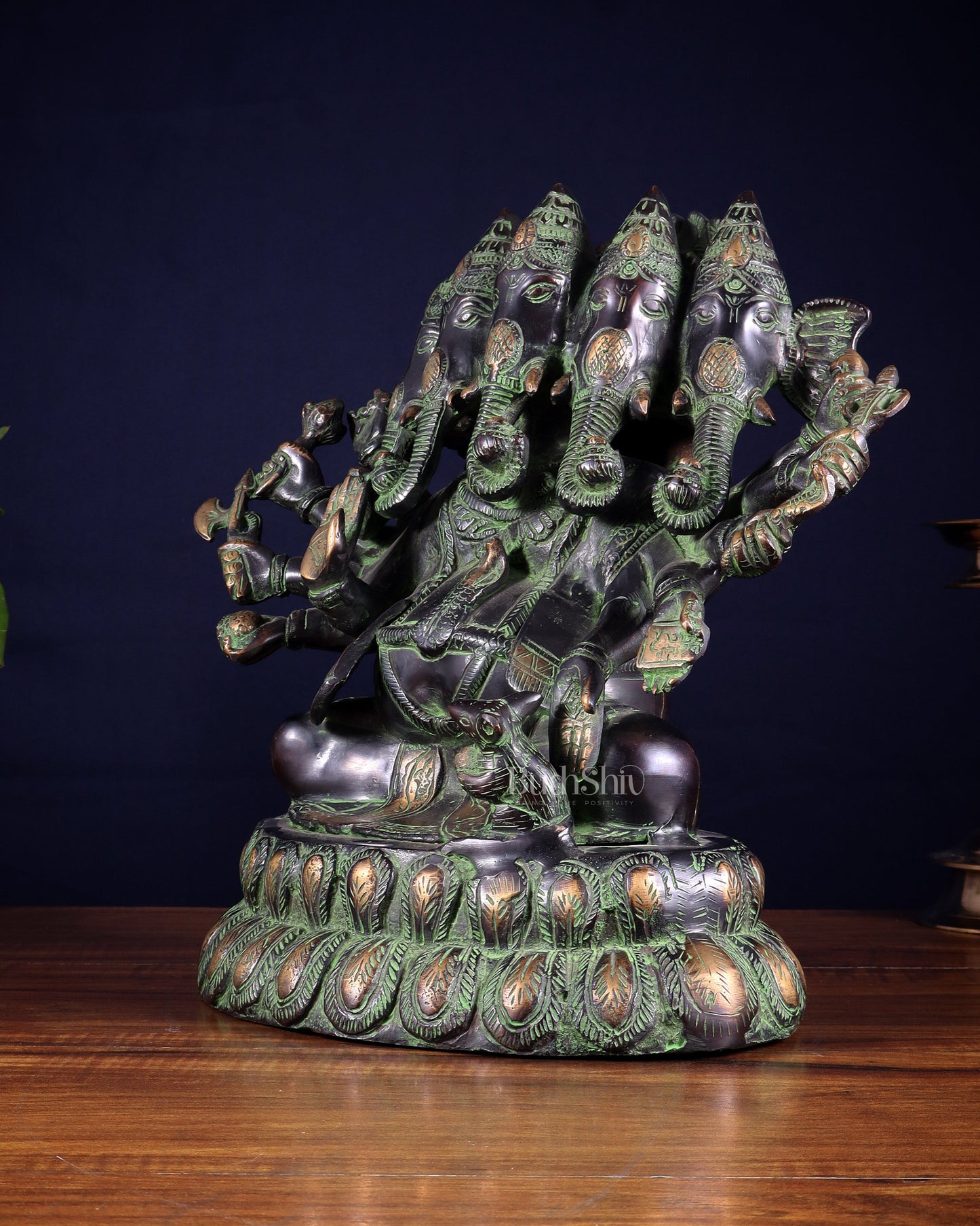 Pure Brass Large Panchmukhi Ganesha Statue - Black Green tone , 13"