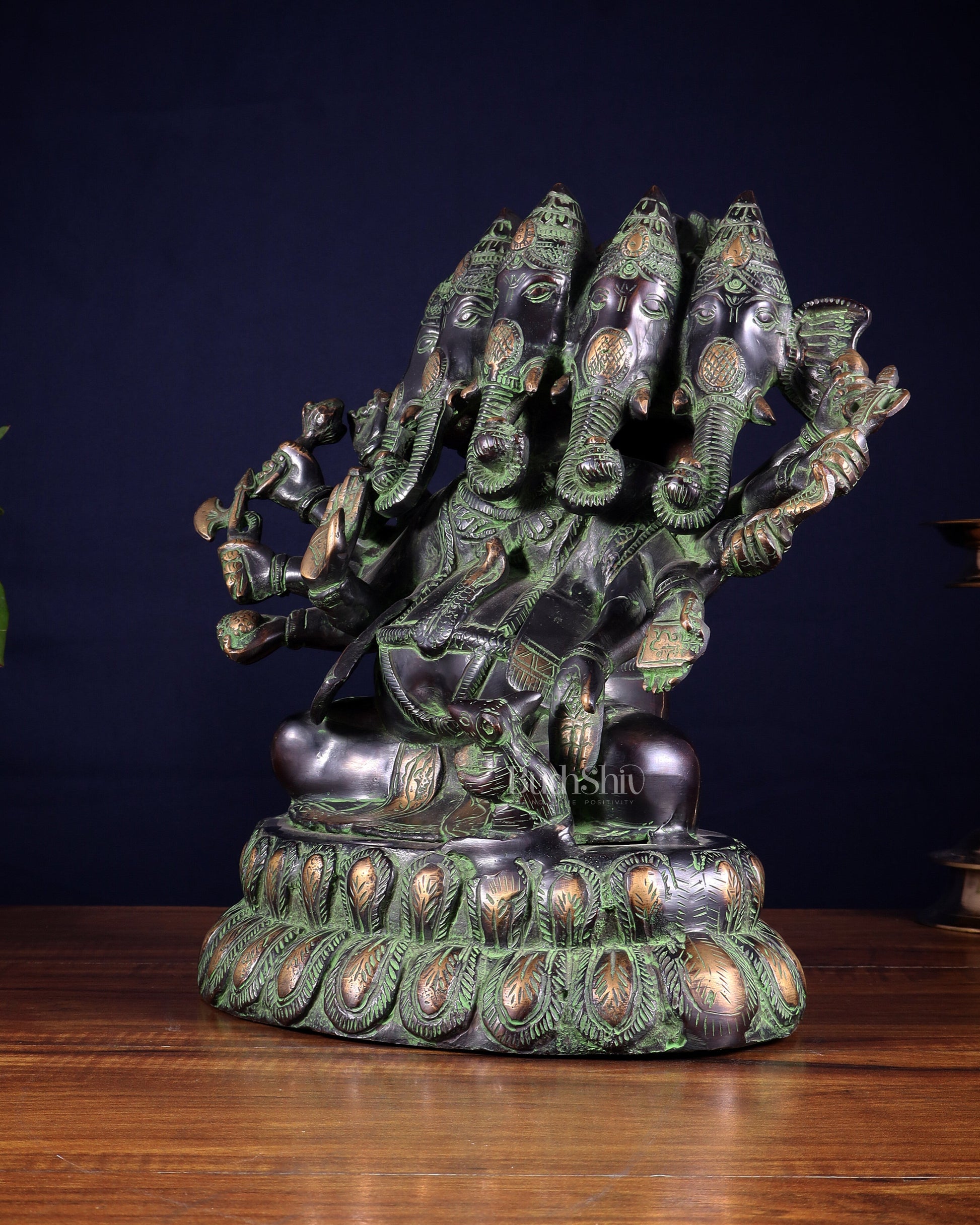 Pure Brass Large Panchmukhi Ganesha Statue - Black Green tone , 13"