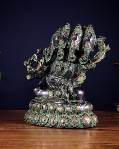 Pure Brass Large Panchmukhi Ganesha Statue - Black Green tone , 13"