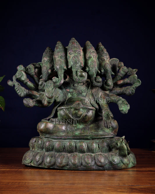 Pure Brass Large Panchmukhi Ganesha Statue - Vintage Green Patina, 13"
