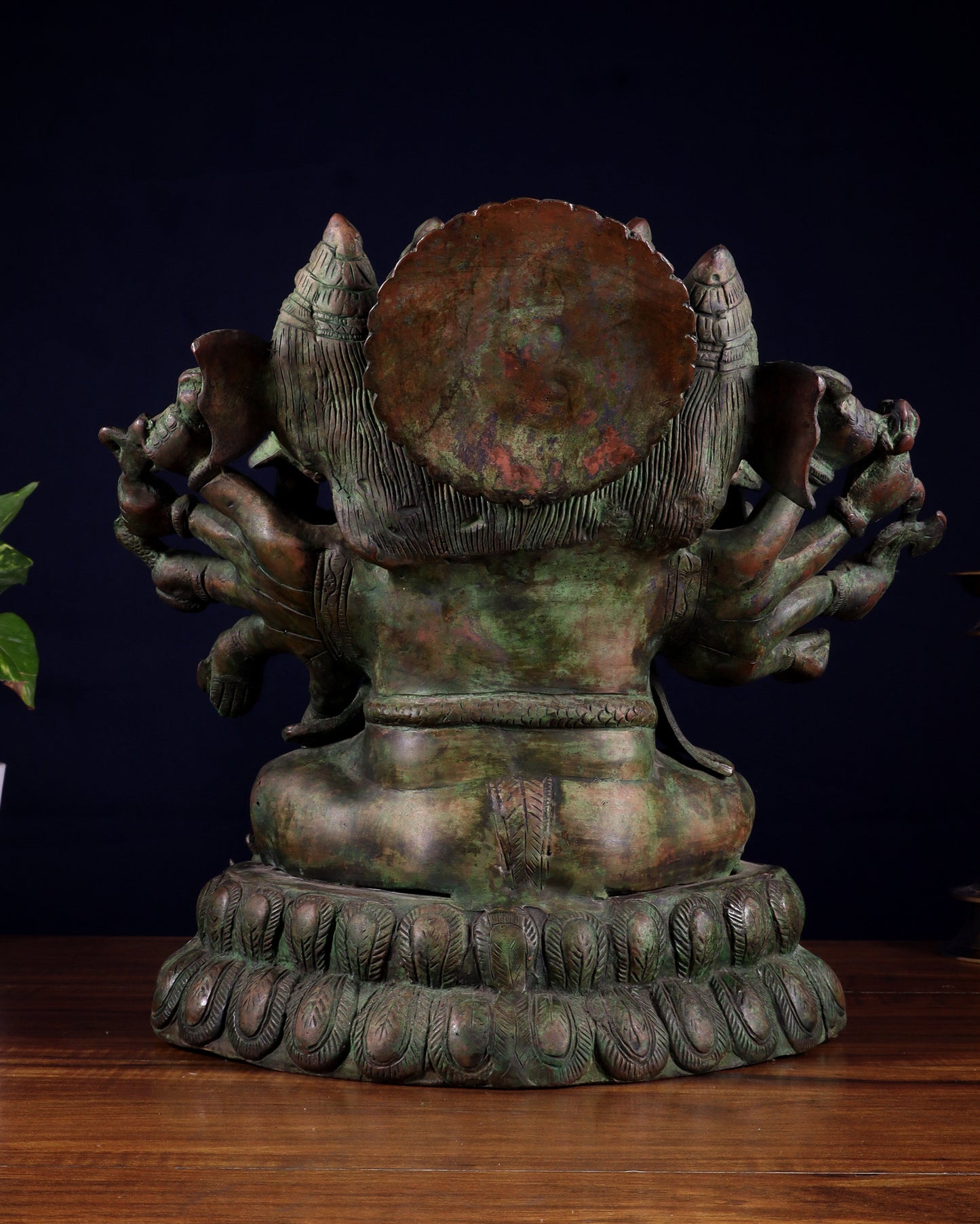 Pure Brass Large Panchmukhi Ganesha Statue - Vintage Green Patina, 13"