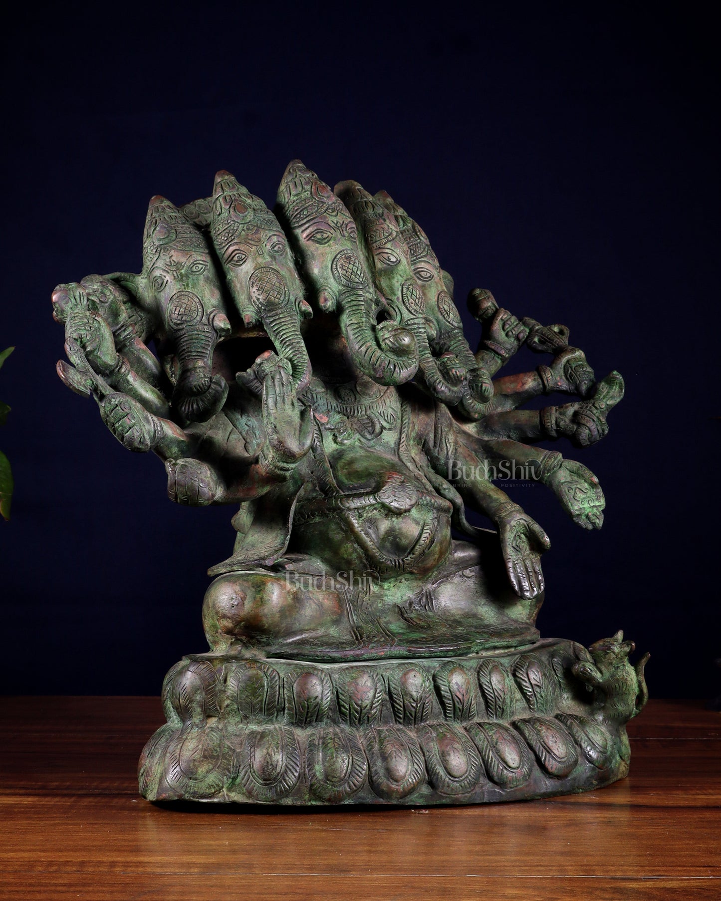 Pure Brass Large Panchmukhi Ganesha Statue - Vintage Green Patina, 13"