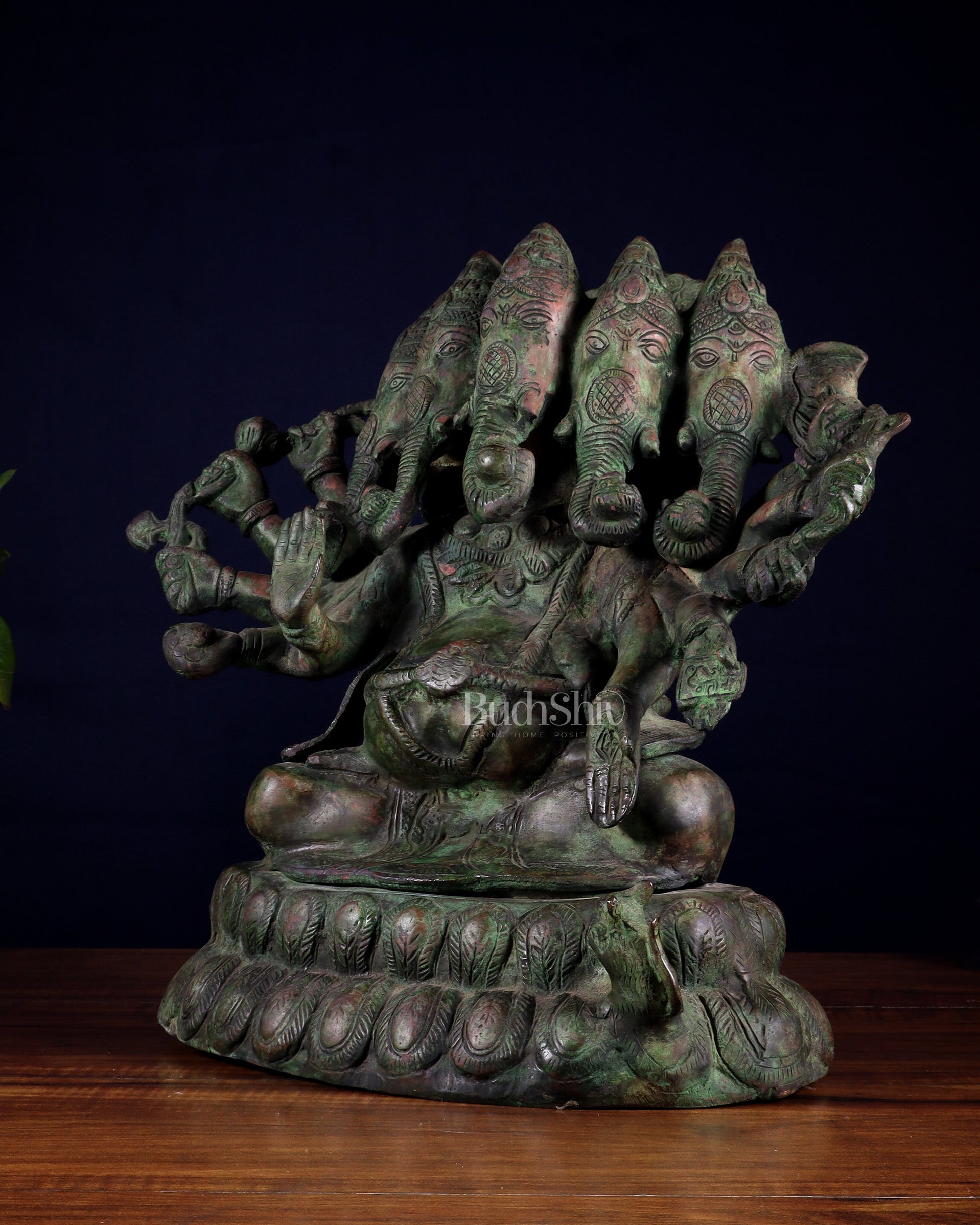 Pure Brass Large Panchmukhi Ganesha Statue - Vintage Green Patina, 13"