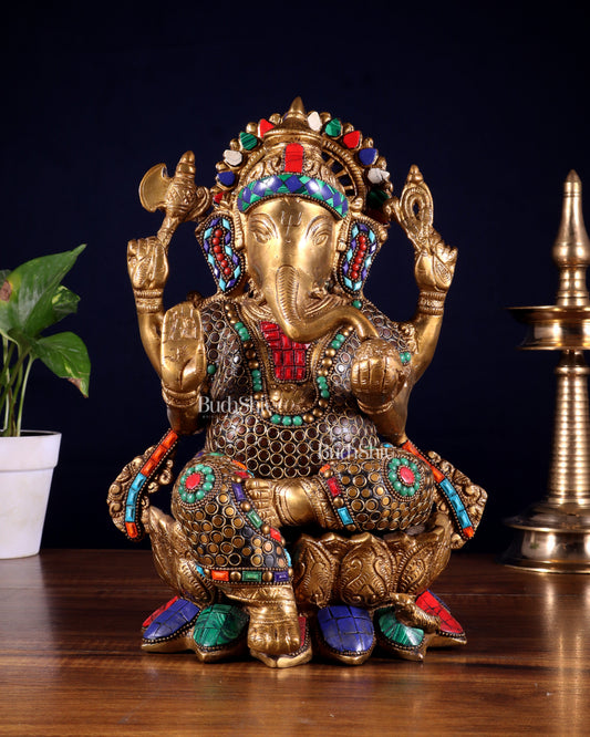 Brass Ganesha Statue on Lotus - Handcrafted - 12"