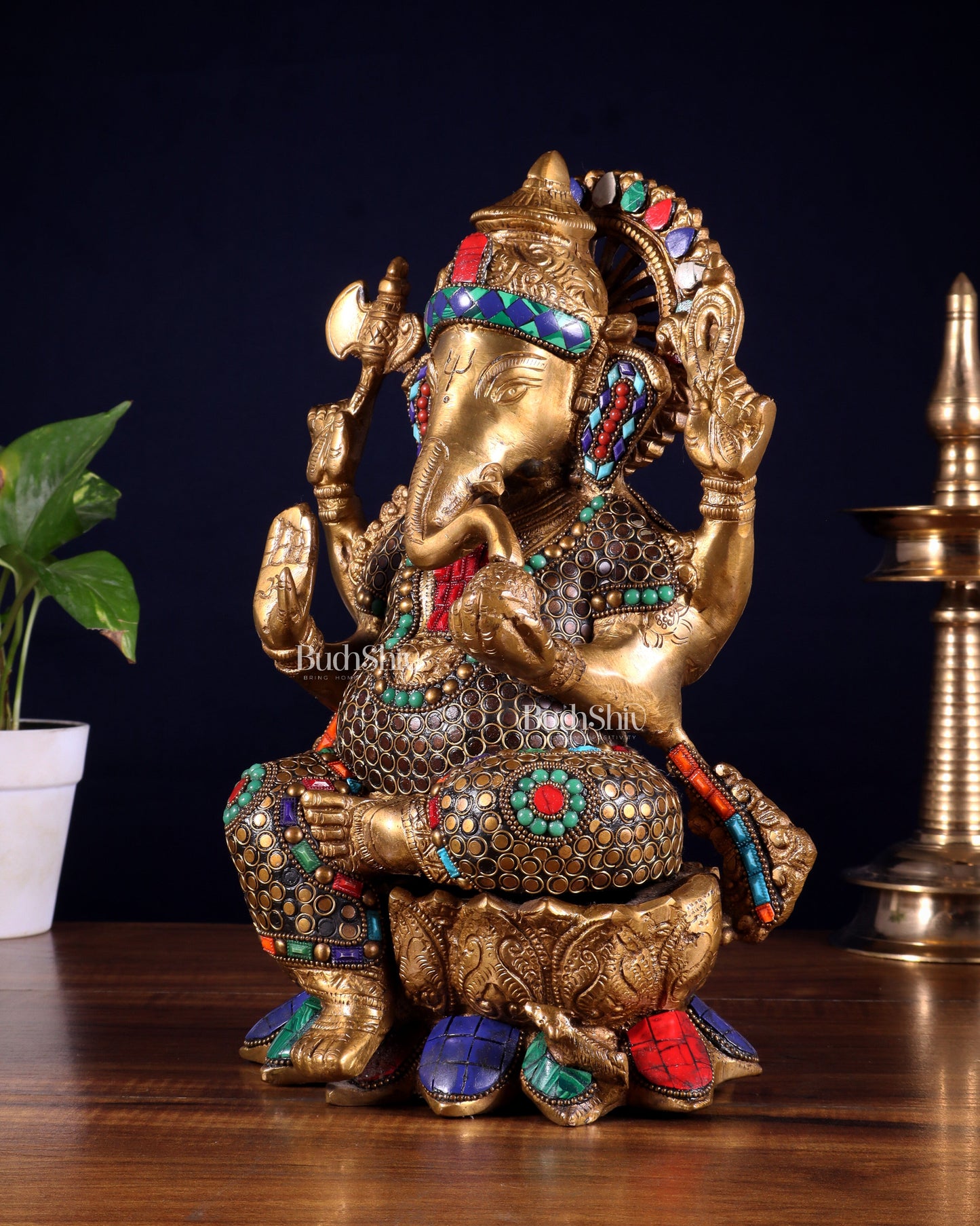 Brass Ganesha Statue on Lotus - Handcrafted - 12"