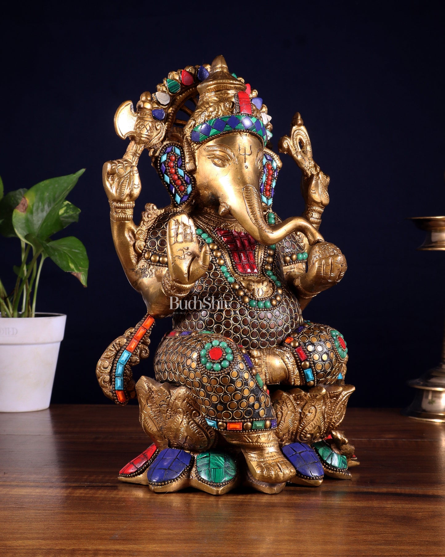 Brass Ganesha Statue on Lotus - Handcrafted - 12"