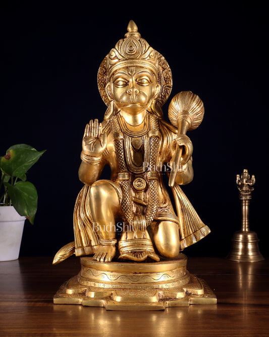 Pure Brass Blessing Hanuman Idol – Kneeling Pose with Right Leg Up 14 inch