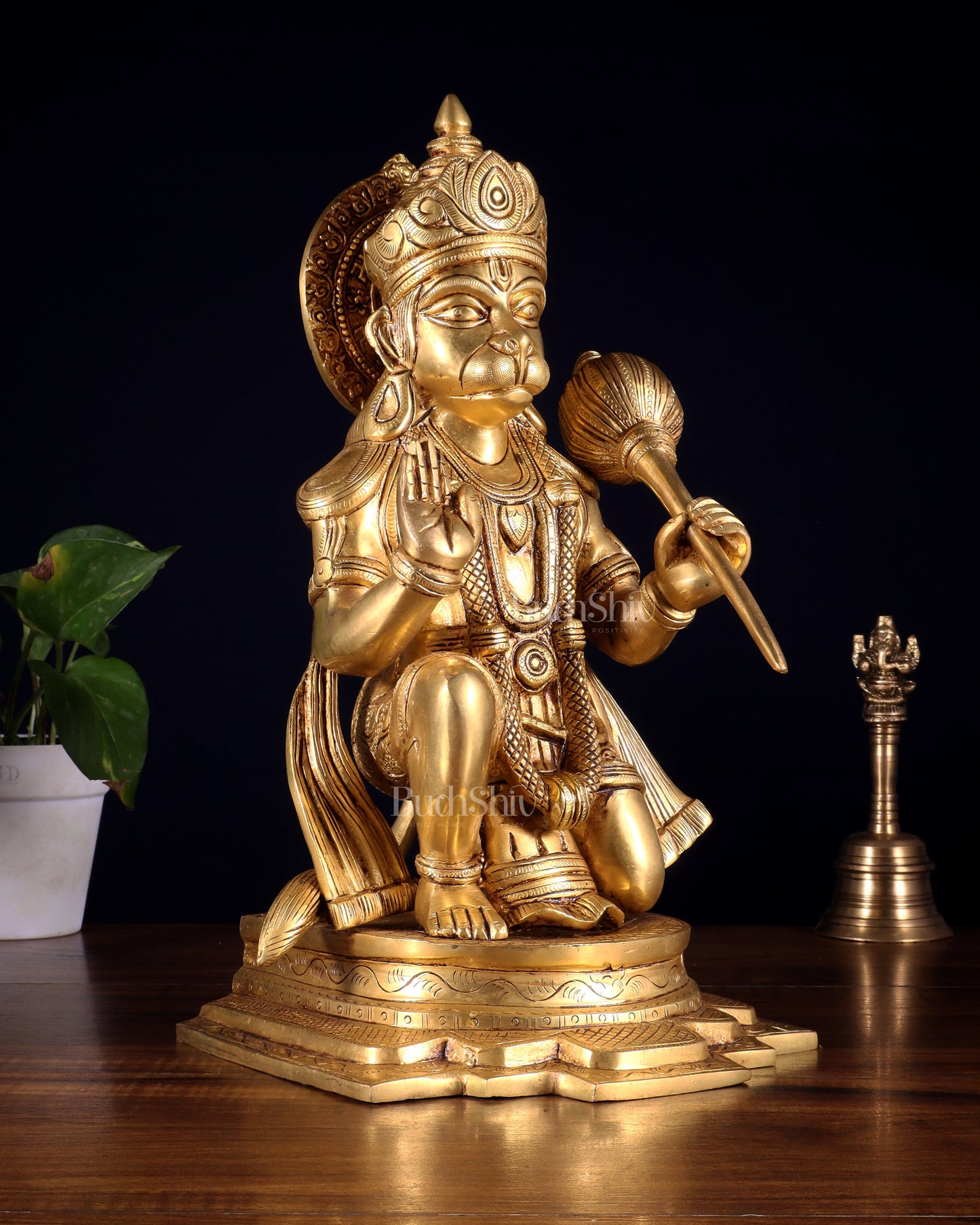 Pure Brass Blessing Hanuman Idol – Kneeling Pose with Right Leg Up 14 inch