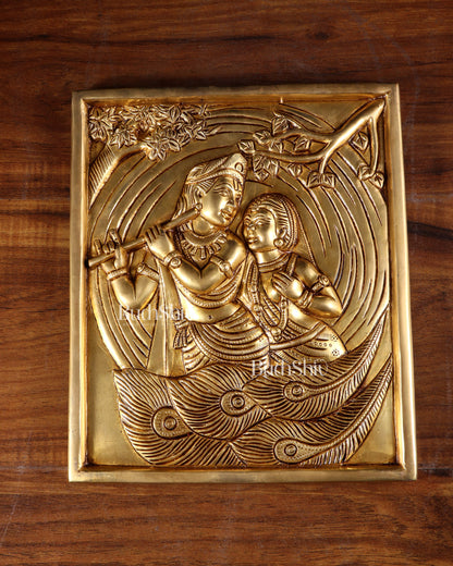 Pure Brass Radha Krishna with Kalpavriksha & Peacock Motifs – 3D Wall Hanging 11 inch