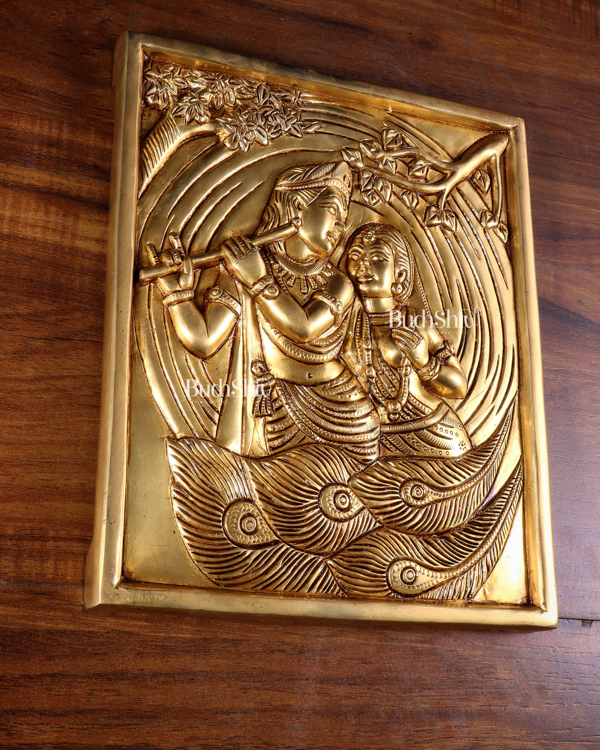 Pure Brass Radha Krishna with Kalpavriksha & Peacock Motifs – 3D Wall Hanging 11 inch