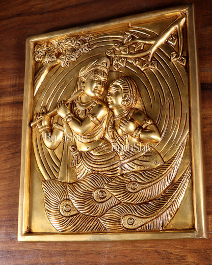 Pure Brass Radha Krishna with Kalpavriksha & Peacock Motifs – 3D Wall Hanging 11 inch
