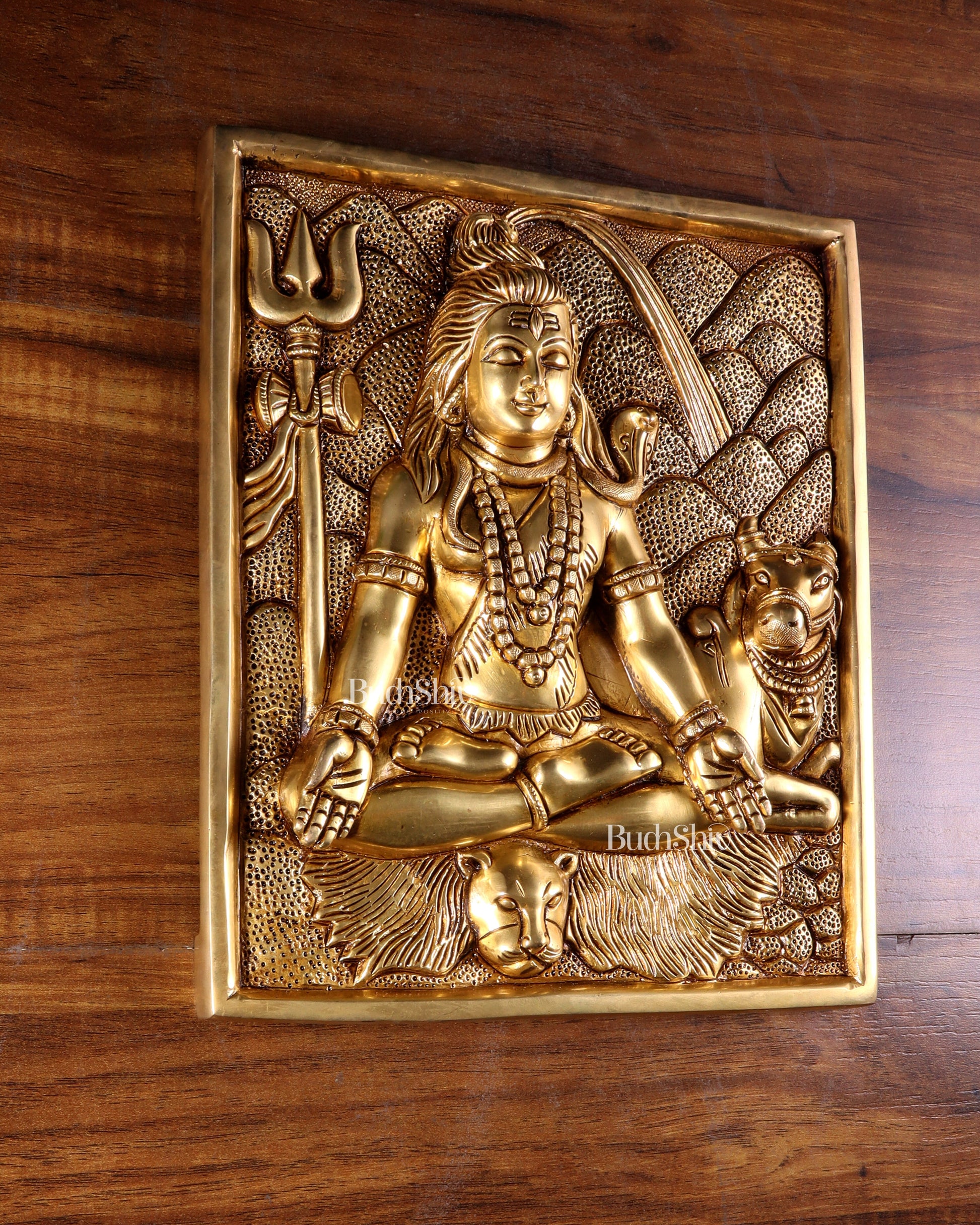 Pure Brass Lord Shiva in Meditation with Nandi – 3D Wall Hanging 11 inch
