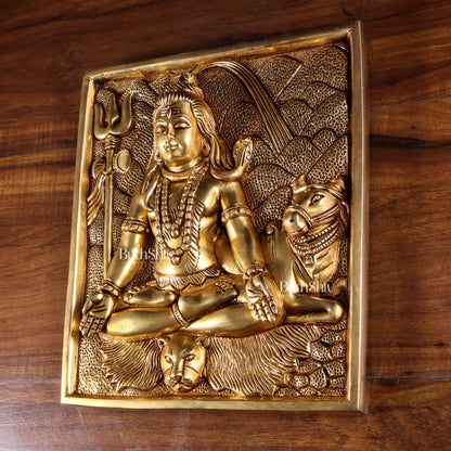 Pure Brass Lord Shiva in Meditation with Nandi – 3D Wall Hanging 11 inch
