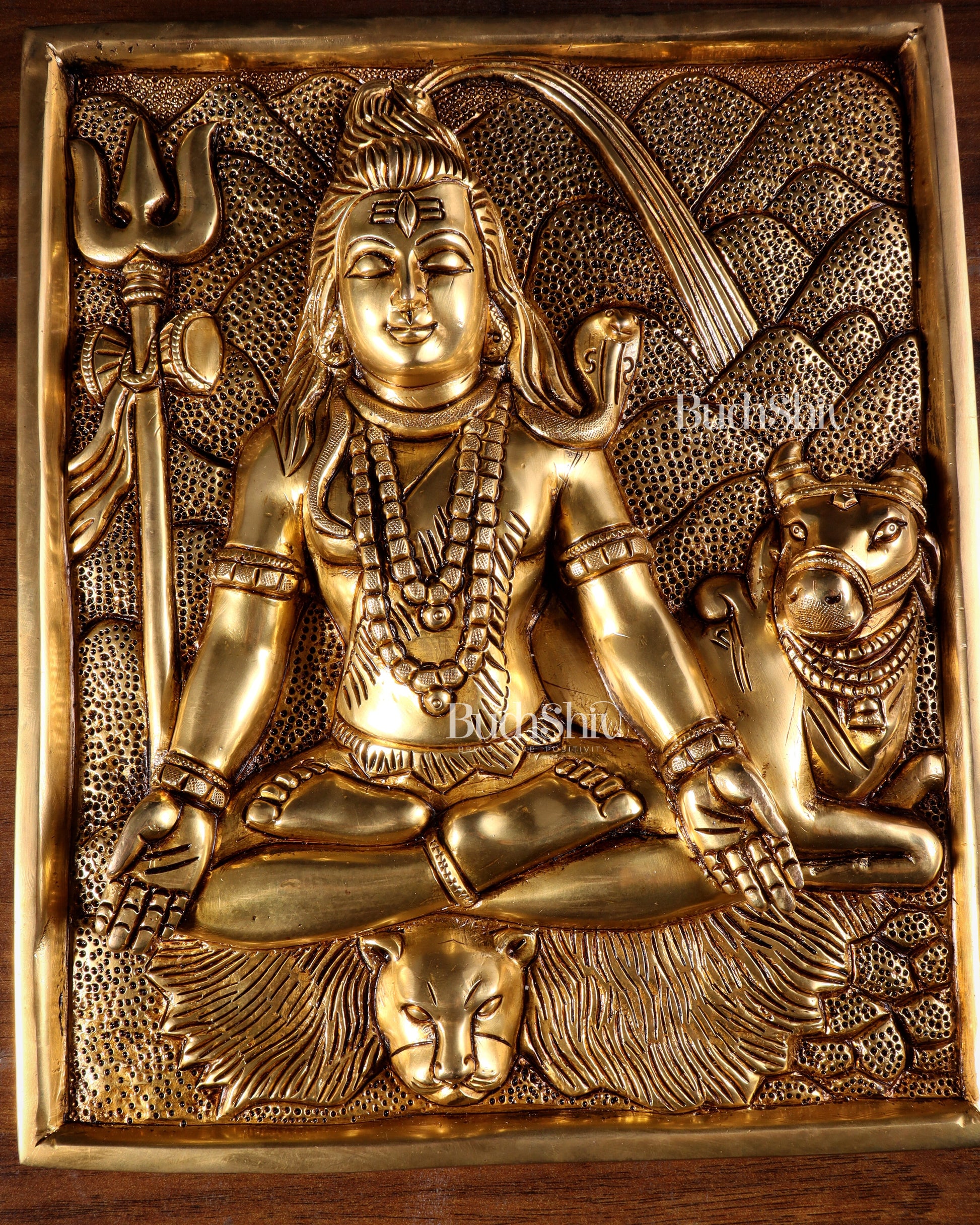 Pure Brass Lord Shiva in Meditation with Nandi – 3D Wall Hanging 11 inch