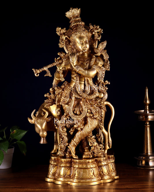 Pure Brass Krishna with cow large idol 26"