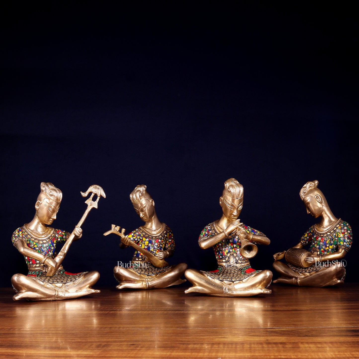 Brass Tribal Musicians Set with abstract Stonework | Height: 9 inch