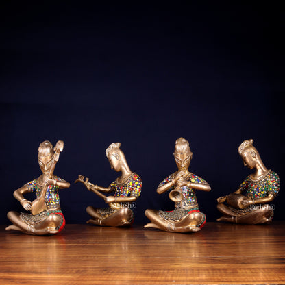 Brass Tribal Musicians Set with abstract Stonework | Height: 9 inch