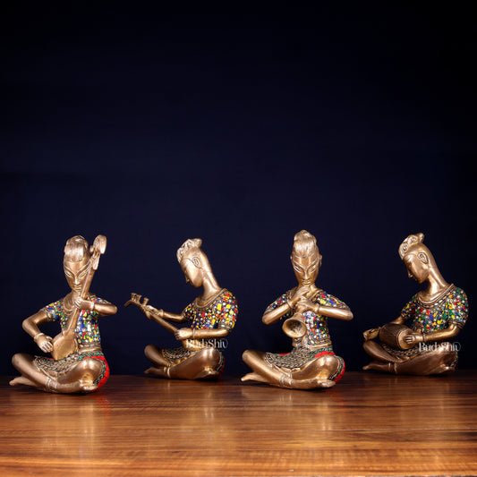 Brass Tribal Musicians Set with abstract Stonework | Height: 9 inch