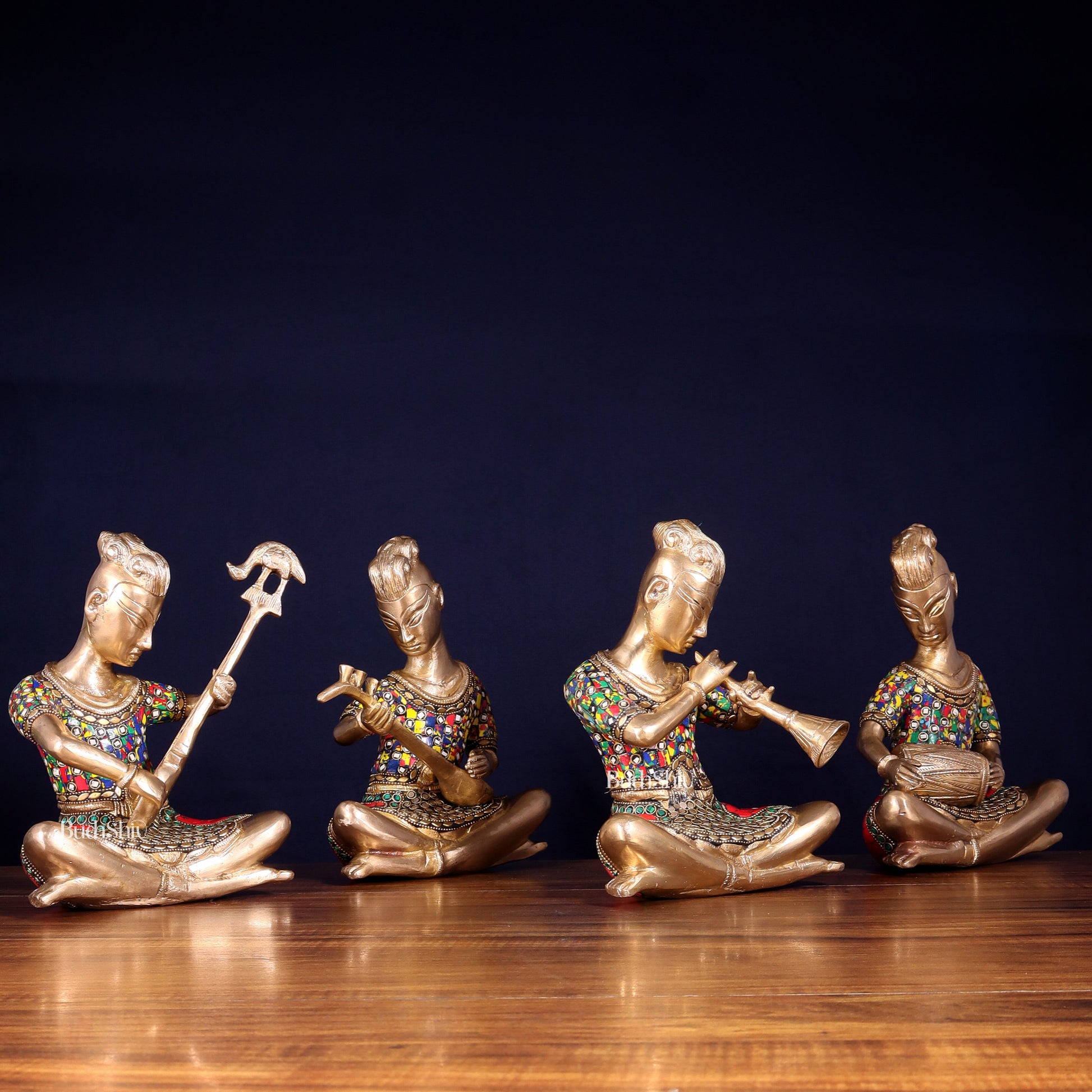 Brass Tribal Musicians Set with abstract Stonework | Height: 9 inch