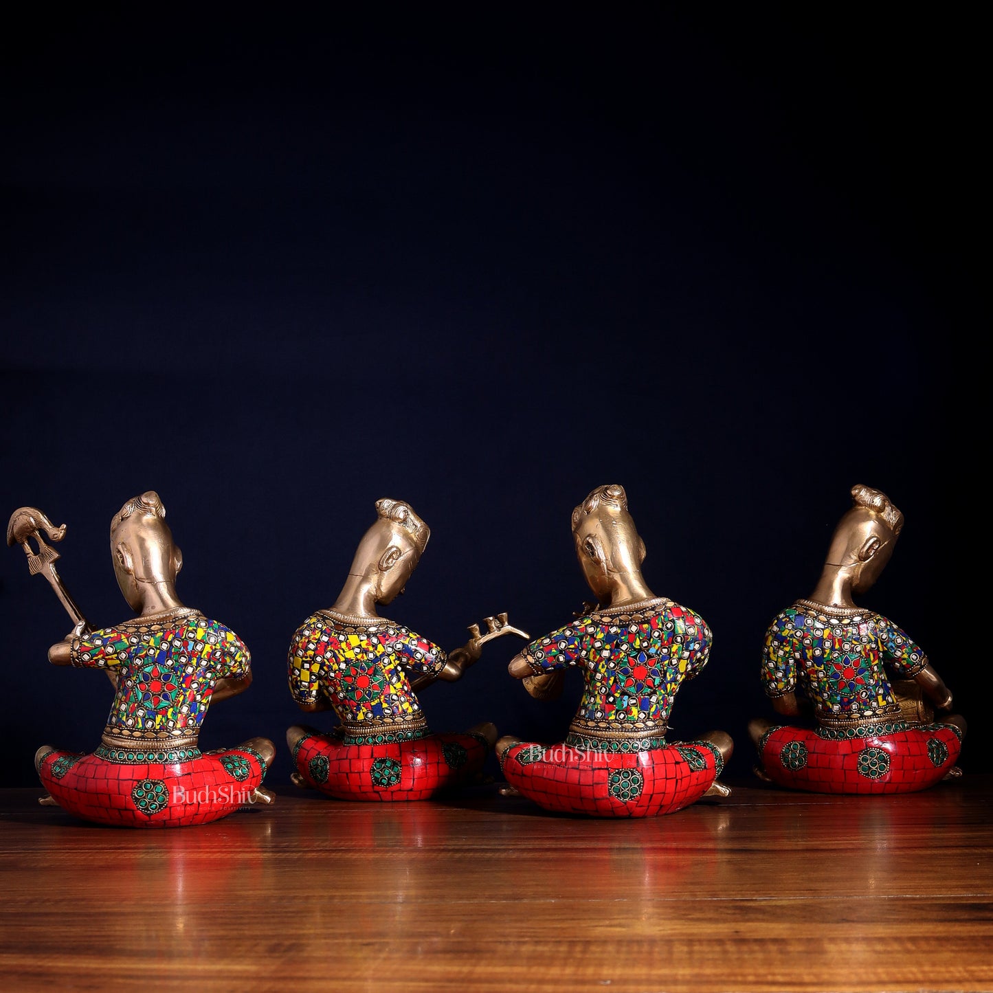 Brass Tribal Musicians Set with abstract Stonework | Height: 9 inch