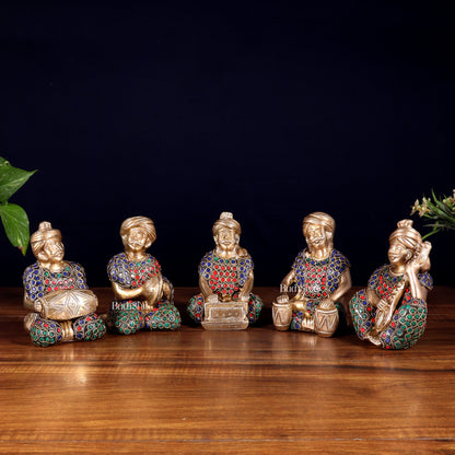Pure Brass Rajasthani Musicians – Set of 5 Traditional Instrument Players